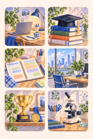 Hand-painted picture sheet for a career and study vision board with a laptop desk, books and a graduation cap, a study notebook, a city office window, a trophy and a microscope