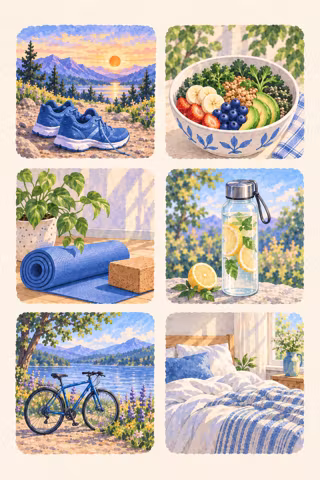 Hand-painted picture sheet for a health and fitness vision board with running shoes on a trail, a fruit bowl, a yoga mat, a lemon water bottle, a bicycle by a lake and a bed in morning light
