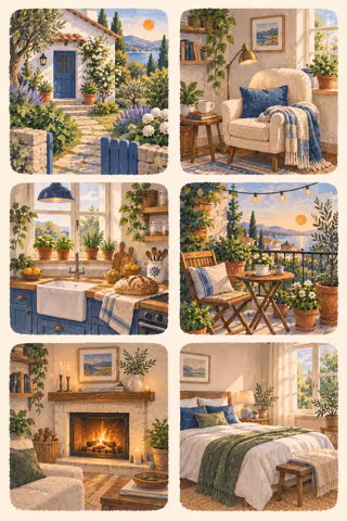 Hand-painted picture sheet for a home vision board with a cottage door, a reading chair, a kitchen with herbs, a balcony with string lights, a fireplace and a bright bedroom