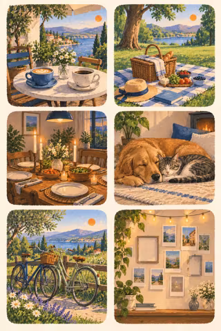 Hand-painted picture sheet for a relationships vision board with two coffee cups, a picnic, a family dinner table, a dog and cat together, two bicycles and a photo wall