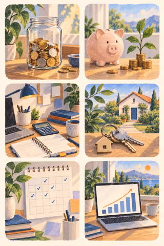 Hand-painted picture sheet for a money and savings vision board with a coin jar, a piggy bank, a budget desk, house keys, a ticked calendar and a rising chart on a laptop