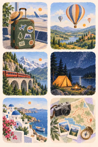 Hand-painted picture sheet for a travel vision board with a suitcase, a hot air balloon, a mountain train, a tent under the stars, a seaside village and a camera on a map