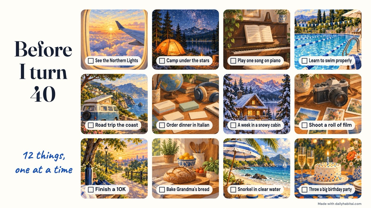 Bucket list vision board example: An ivory bucket board with twelve checkable experiences, mixing far trips with new skills and local adventures.