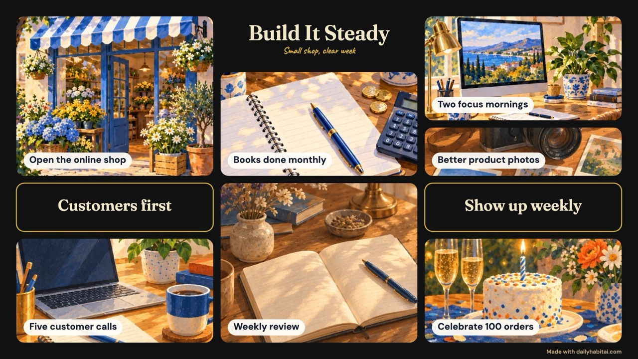 Business vision board example: A black-and-gold board for a small online shop, mixing the customer, the product and the weekly work.