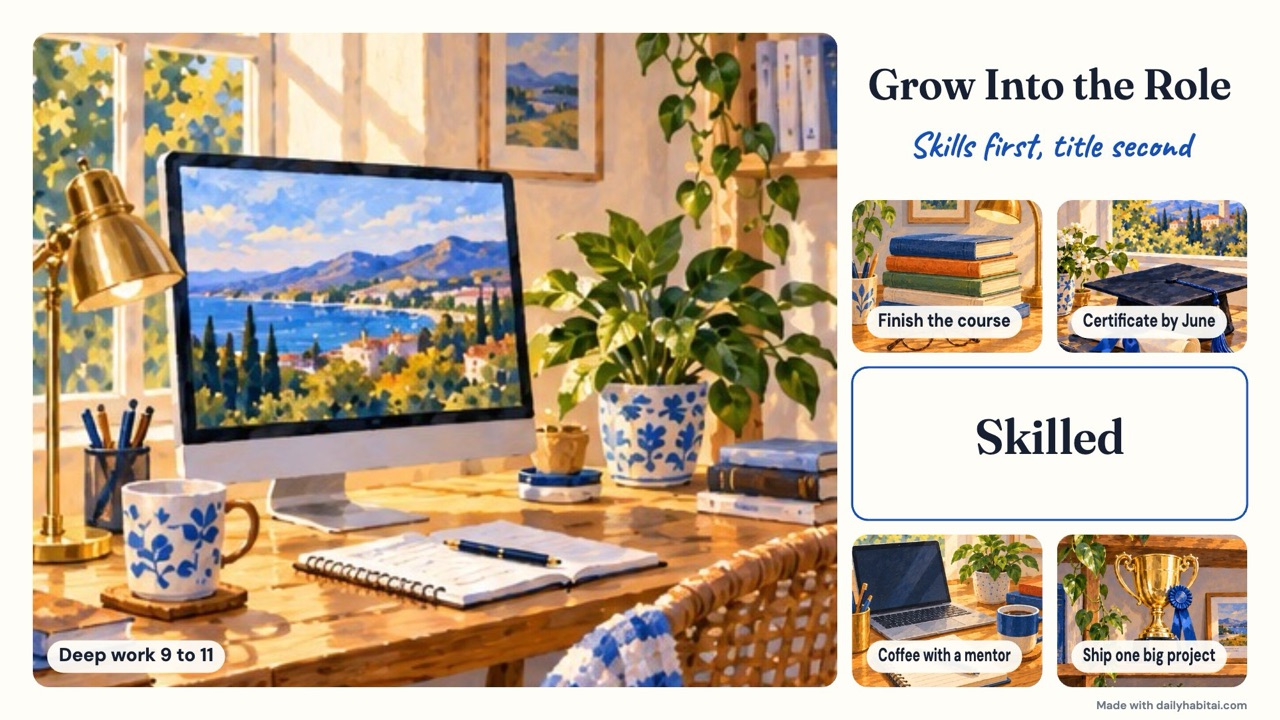 Career vision board example: A magazine-style career board with the ideal workday as the hero image and one skill or habit in each smaller tile.