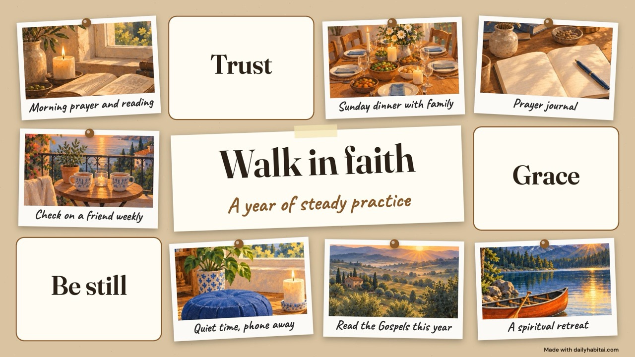 Faith vision board example: A kraft-paper classic board built around prayer, reading, rest and people, with three theme words.