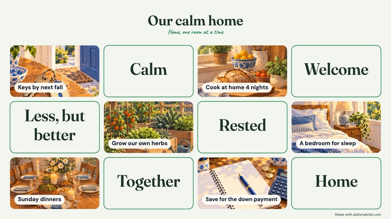 Home vision board example: A sage words-and-images board that mixes one long-term goal, the keys, with small things to practice in the home you have now.
