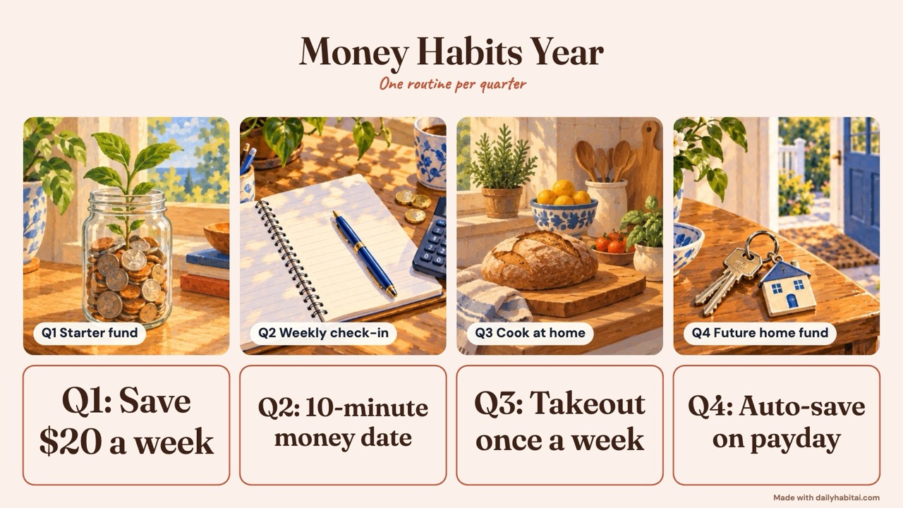 Money vision board example: A four-quarter money board: one picture and one habit-based goal for each season of the year.