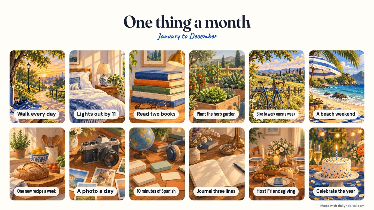Monthly vision board example: An ivory twelve-month board with one picture and one small goal per month, from a daily walk in January to a celebration in December.