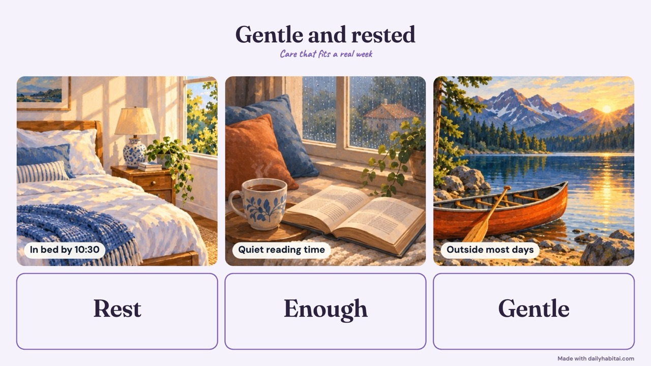 Self-care vision board example: A six-tile lavender board with three restoring routines and three words, small enough to read in one glance.