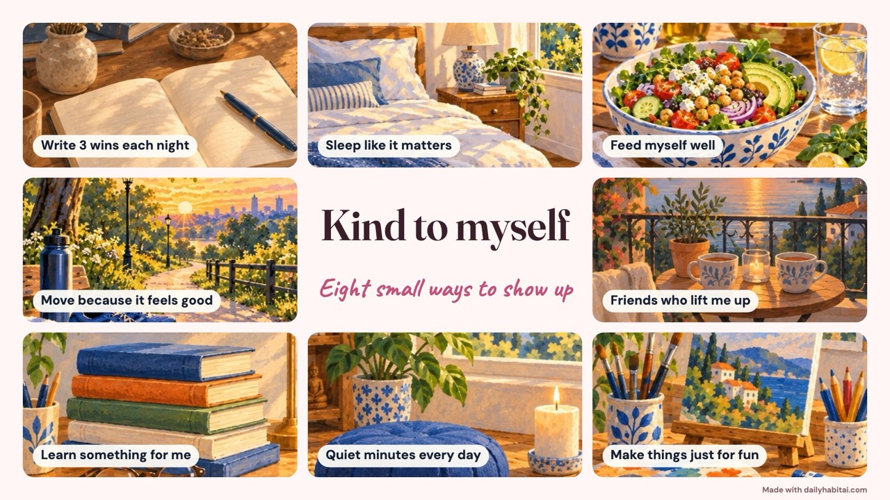 Self-love vision board example: A blush life-areas board with one picture and one gentle action for each part of life.