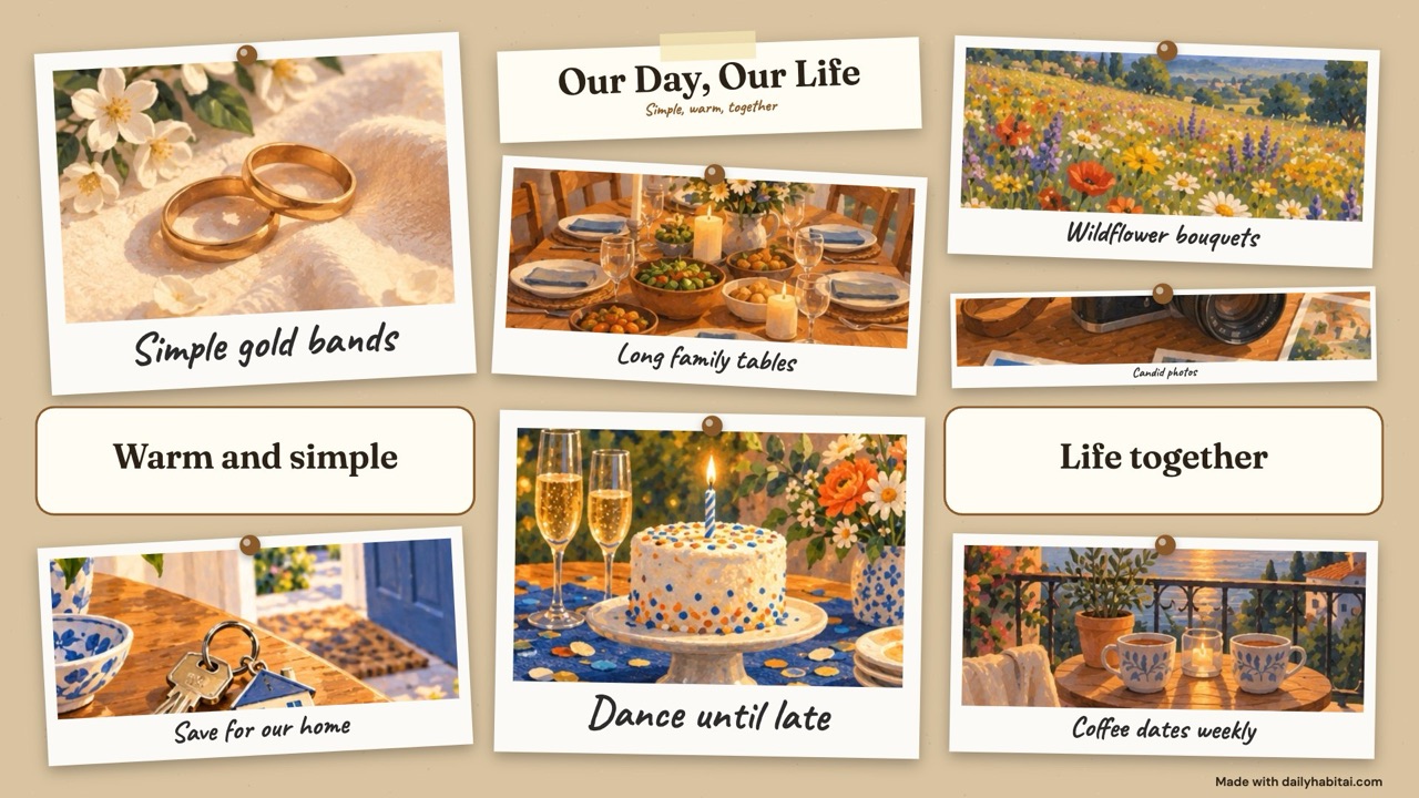 Wedding vision board example: A kraft-paper wedding board: the look of the day on one side and a few goals for married life on the other.