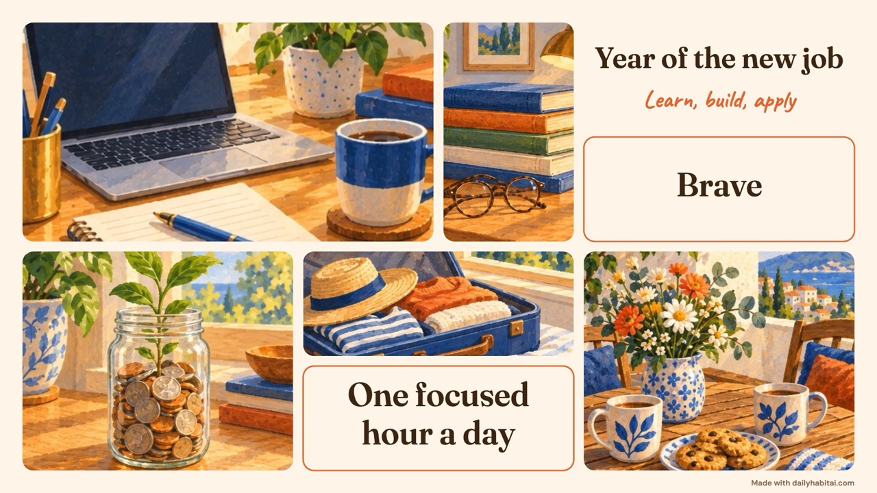 Career change vision board example titled Year of the new job with a laptop, books, a savings jar, a suitcase and the words brave and one focused hour a day