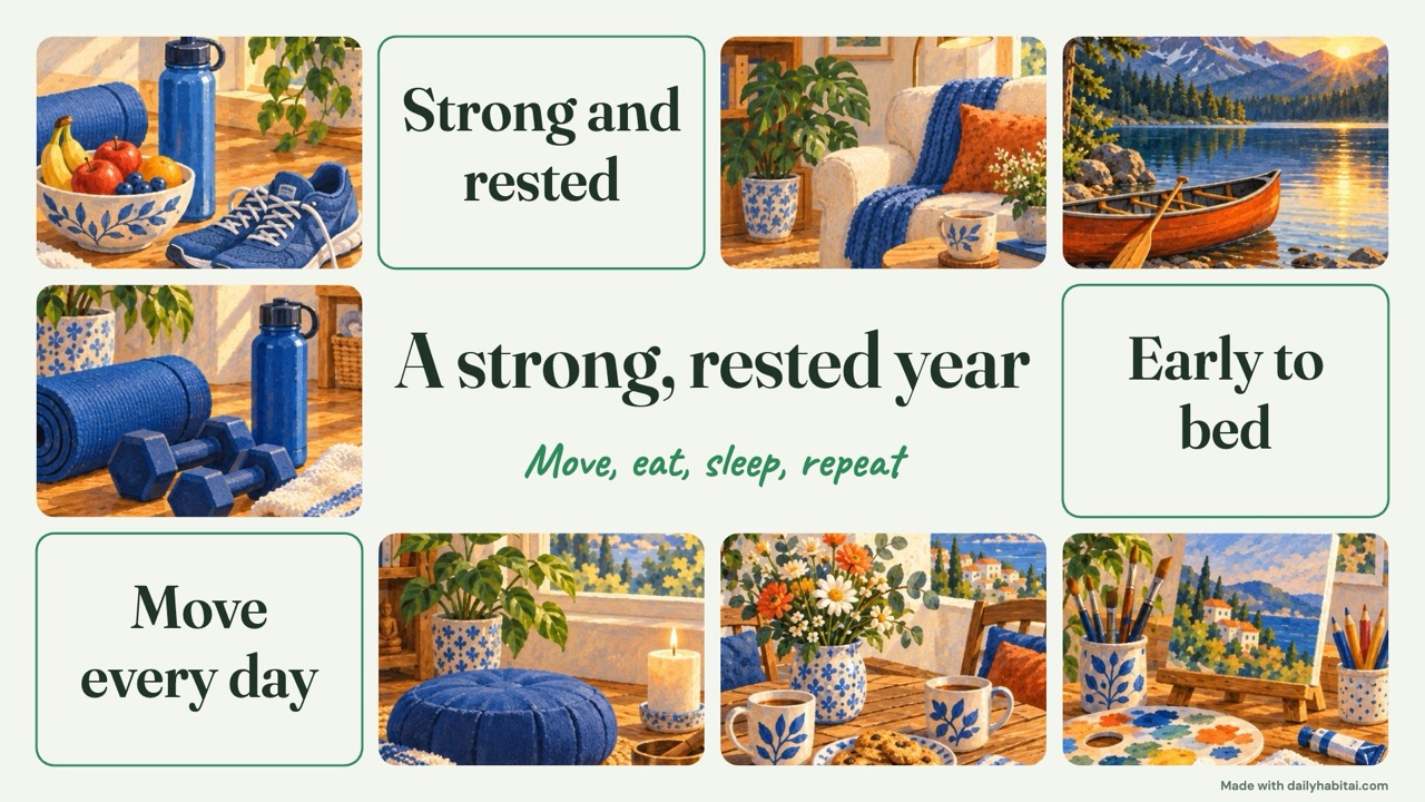 Healthy year vision board example in sage green with fruit, a calm home, a mountain lake, yoga mat and the words strong and rested, early to bed and move every day