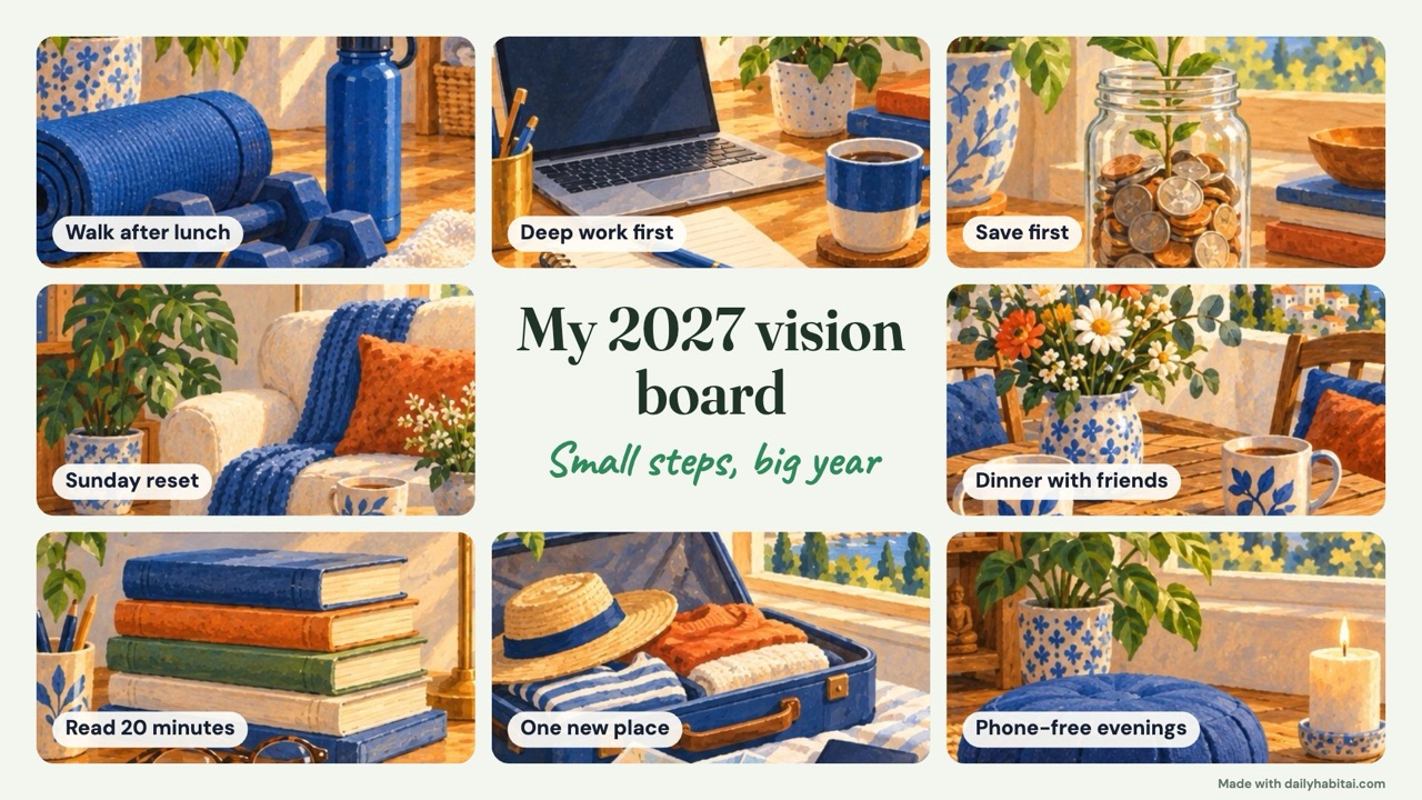 Vision board example with eight life areas around the title My 2027 vision board: walk after lunch, deep work first, save first, Sunday reset, dinner with friends, read 20 minutes, one new place and phone-free evenings