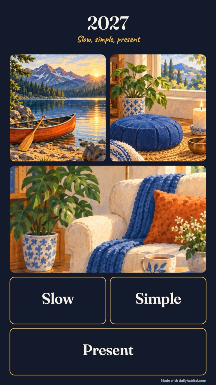 Phone wallpaper vision board example in dark blue with the title 2027, three calm pictures and the words slow, simple and present